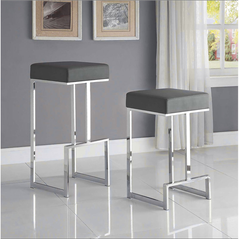 Tabouret de bar rembourré gris et chrome, Gris