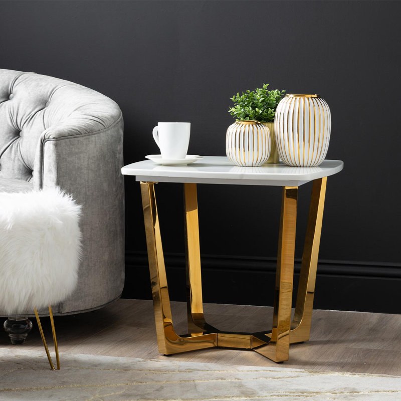 Azarius 55cm Metal End Table for Living Room Furniture, Modern Sofa Side Table with Marble Top, White/Gold