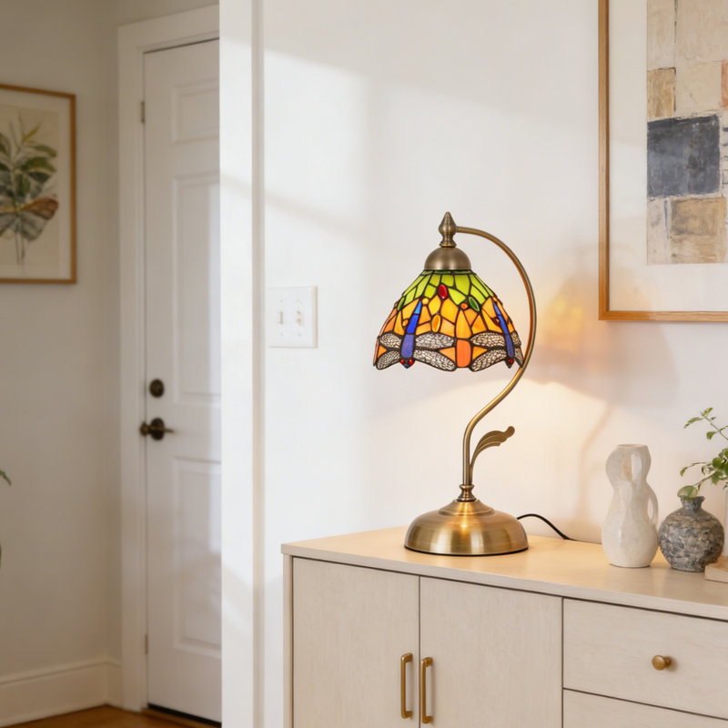 Stained Glass Dragonfly Table Lamp - Vintage Gooseneck Desk Lamp With Brass Base