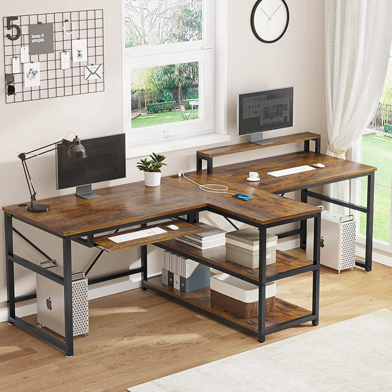 Bureau d'ordinateur à deux personnes avec lumières DEL Kolya , Brun / Blanc