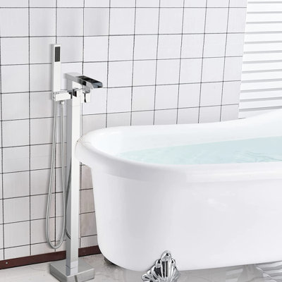 Finish Bathroom Tub Filler With Hand Shower And Floor Mount Design Lever Handle Faucet Waterfall Spout Supply Lines