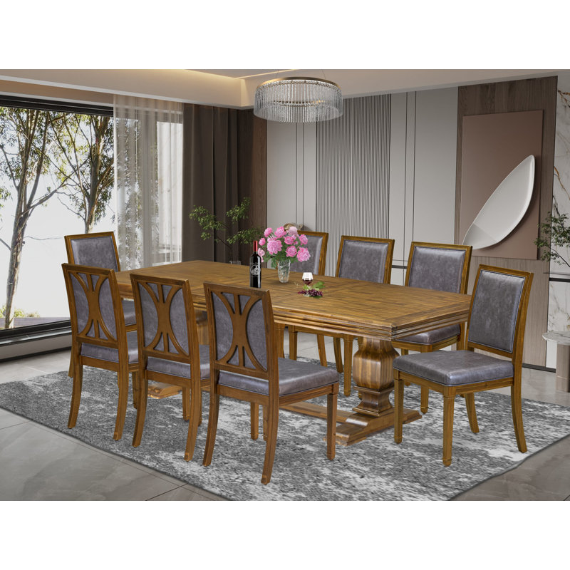 L'ensemble de table de salle à manger 9 pièces comprend une table de cuisine et 8 chaises de salle à manger en similicuir gris foncé avec dossier haut - finition noyer antique