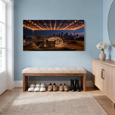 Movie Projector And Clapperboard Under String Lights Canvas Wrapped Wall Art Cityscape Background Night Scene Decor (Set Of 1)