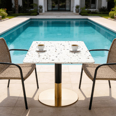 24" Square Terrazzo Commercial Outdoor Table with Pedestal Base – Modern Patio Café Table for Restaurant, Hotel & Hospitality Spaces