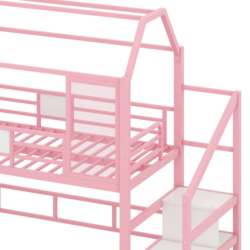 Metal House Loft Bed With Slide,Stairs And Storage Shelves, Pink