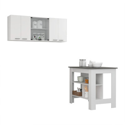 White And Onyx 2-Piece Kitchen Set, Kitchen Island And Wall Cabinet