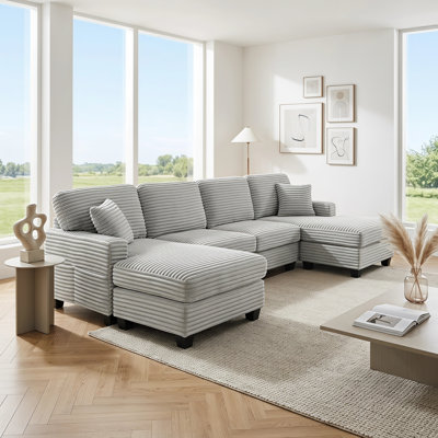 Canapé modulaire en forme de U 125,2 po - Canapé en velours côtelé taupe clair avec repose-pieds mobile et poches de rangement latérales - convertible en forme de L, 6 sièges - sièges profonds (coussins de 7,3 po), 250 lb / siège - pour grand salon, salle familiale