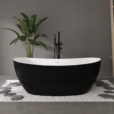 Fslefay 60'' Acrylic Freestanding Soaking Bathtub With Overflow and Pop-Up Drain for Bathroom in Black