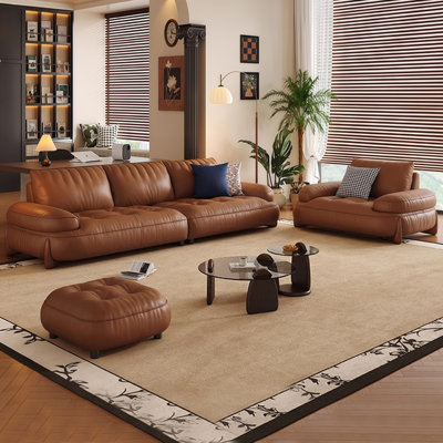 Brown Genuine Leather 3 - Piece Living Room Set