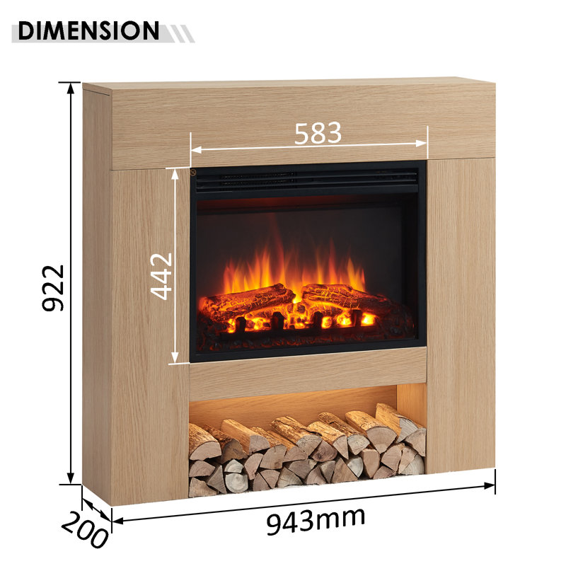 BEADELL FLAMME Electric Fireplace, Natual Oak, 92cm H x 94cm W x 20cm D