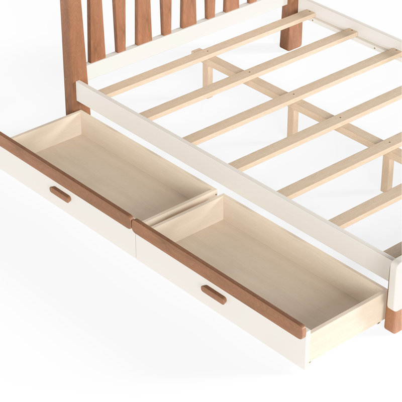 Lit plateforme avec tiroir de rangement, cadre de lit simple en bois avec tête de lit ronde, sommier non nécessaire, beige et naturel