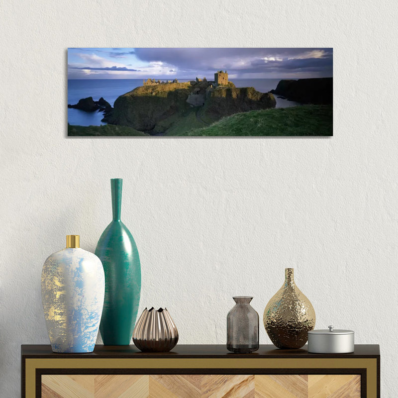 High-Angle View Of Dunnottar Castle, Near Stonehaven, Scotland, United Kingdom - Wrapped Canvas Panoramic Print