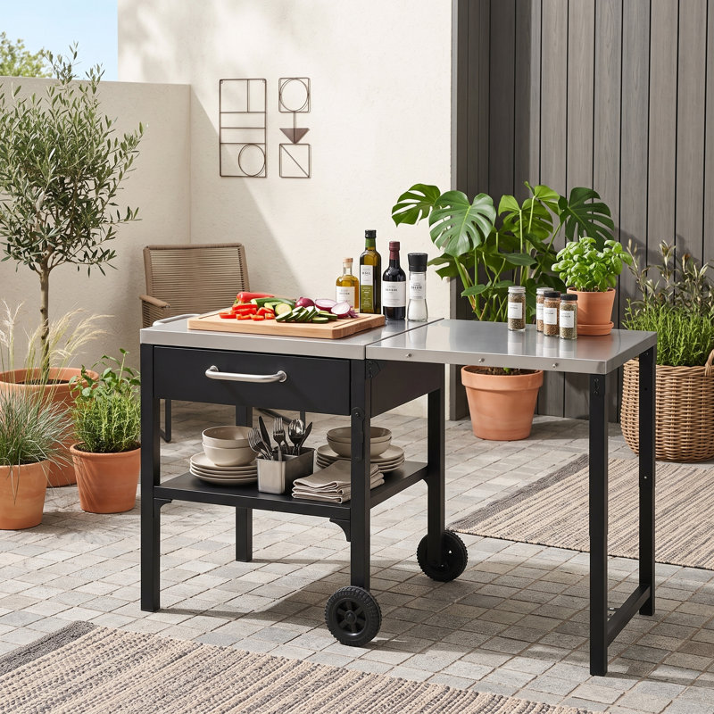 Chariot de cuisine pliable pour l'extérieur avec station de préparation sur roulettes, tiroir et tablette inférieure, Noir