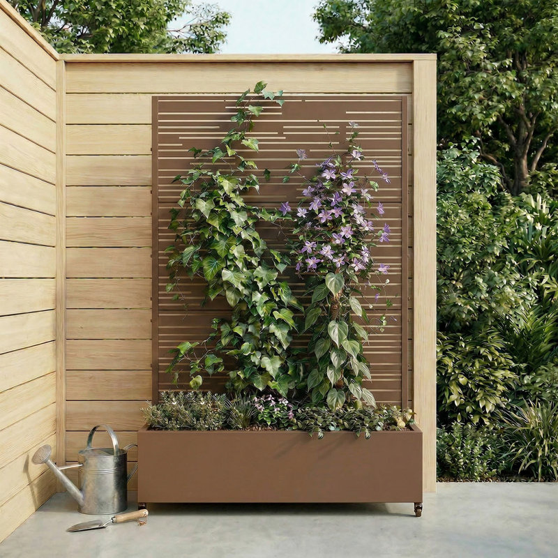 Lit de jardin en métal avec treillis et roulettes H 6 pi x l 4 pi - brun, Brun