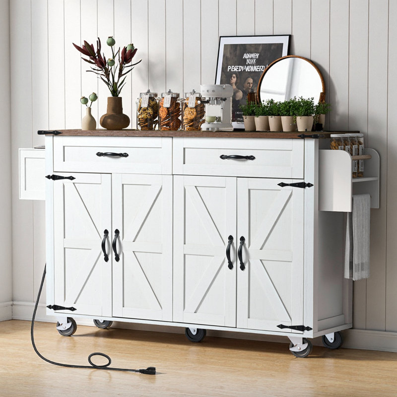 Durarte 53.5"W Kitchen Island, Locking Wheels, Drop Leaf, White, Solid + Manufactured Wood