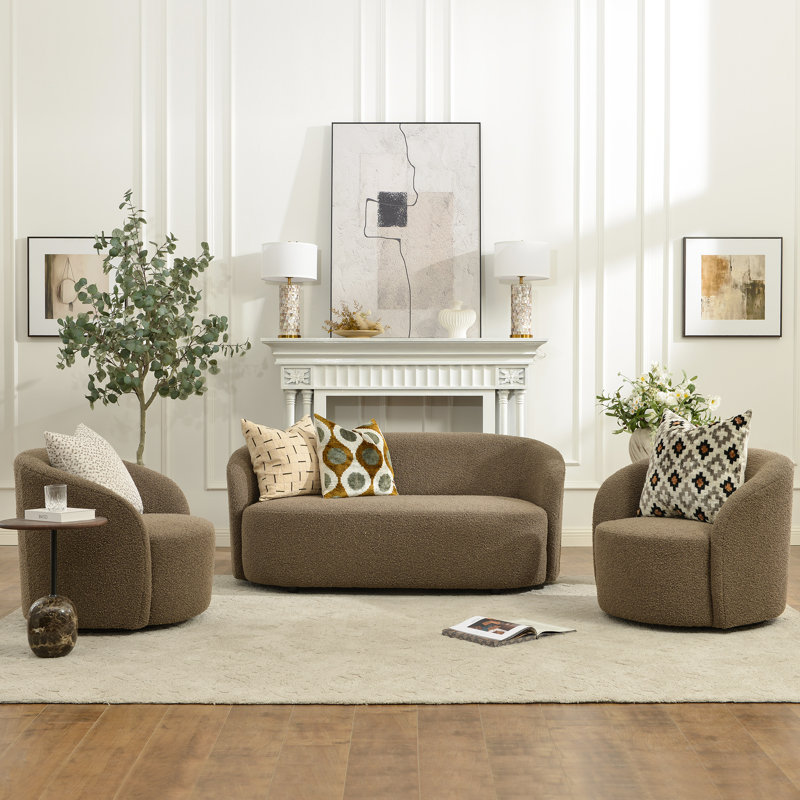 Ensemble de salon rembourré 3 pièces avec causeuse et fauteuil Boucle, Teddy Brown