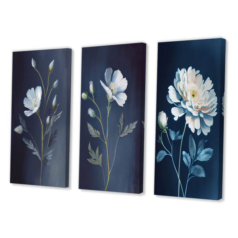 Ensemble de 3 fleurs blanches simples sur fond bleu rétro, Toile tendue, H 20 po x l 36 po