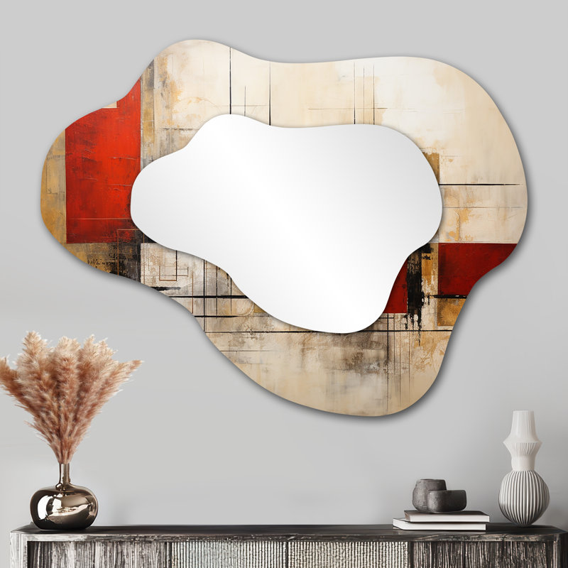 Red Moon Gold Cubist Abstract - Geometric Cloud Decorative Mirror, Modern Asymmetrical Wall Mirror, Printed Metal Art
