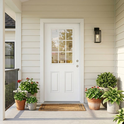 Panneau de porte d'entrée en fibre de verre 32 x 80 pouces, vitrage à faible émissivité 9 carreaux - Panneau de porte d'entrée pour maison, ouverture vers l'intérieur à gauche, panneau de porte blanc lisse à démonter (panneau de porte seulement, cadre non inclus)