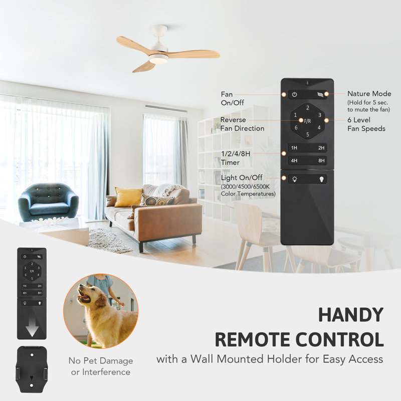 42" 3 - Blade Small Room Ceiling Fan with LED Light and Remote, White with Light Yellow Wood Blades