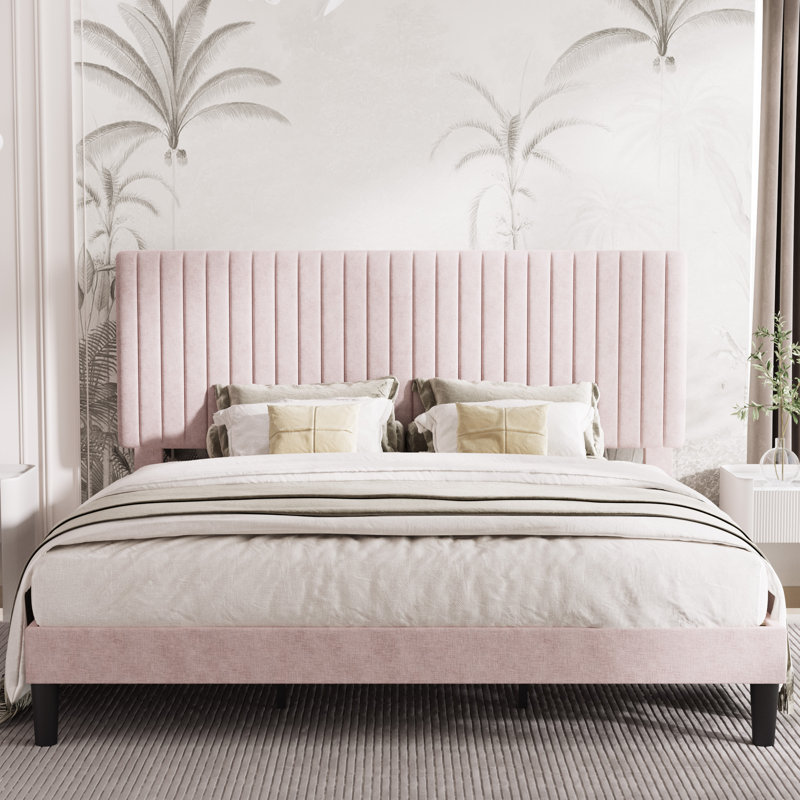 Dunphy Upholstered Platform Bed with Adjustable Headboard, King, Sakura Pink