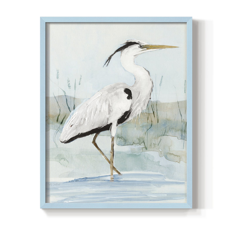 Heron on Blue I, reproduction encadrée - bois massif, Bleu, H 21 po x l 17 po