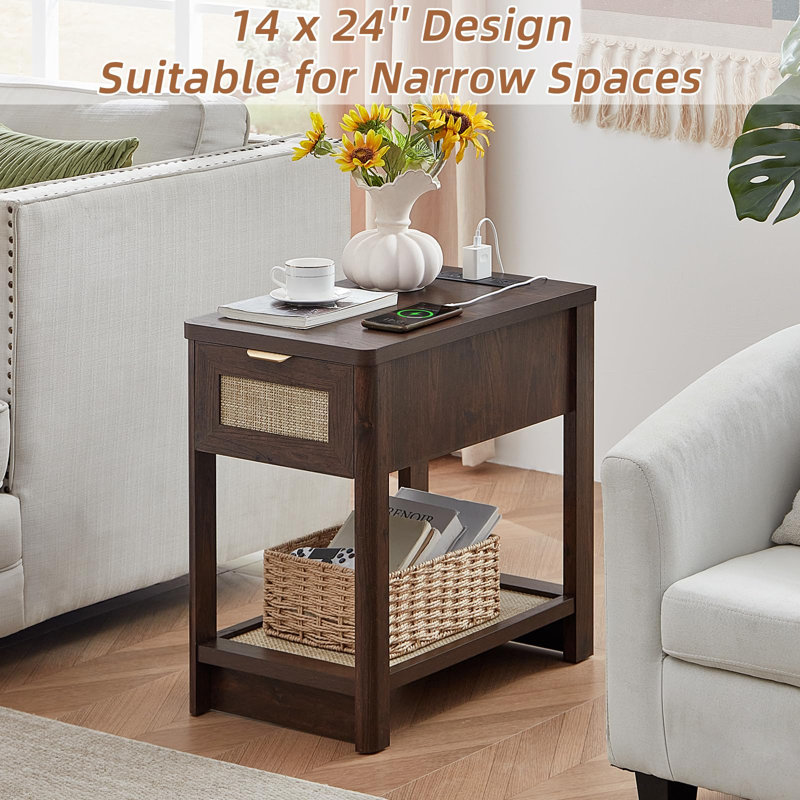 Narrow Night Stand with Charging Station, Boho Nightstand with Drawer, Bed Side End Table with Rattan Shelf for Small Spaces, Wood Nightstands Bedside Tables for Living Room Bedroom (Walnut)
