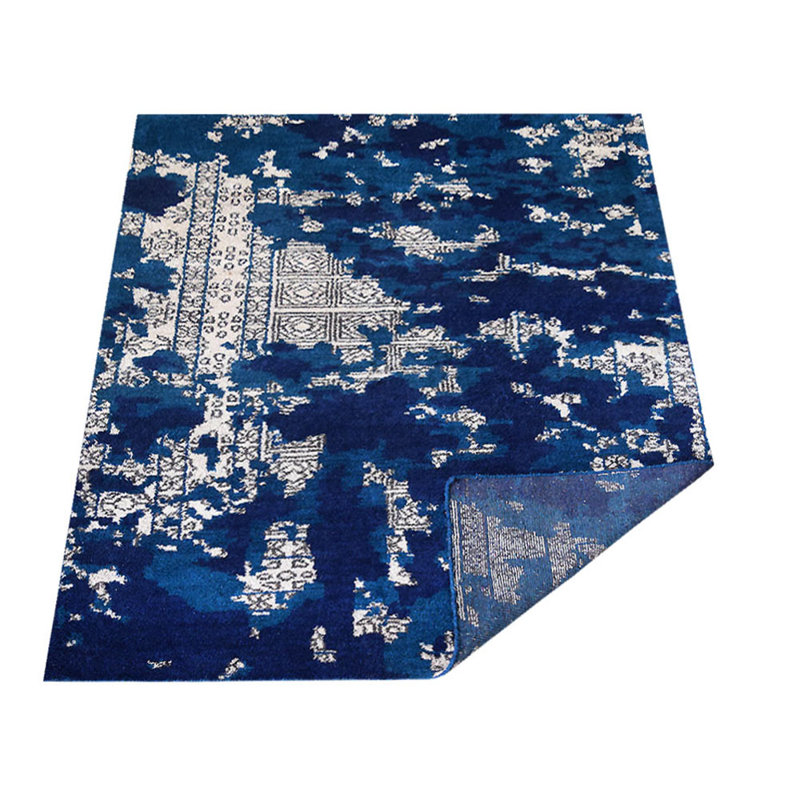 Bleu abstrait | Tapis intérieur beige en soie noué à la main, Rectangle 9 pi x 12 pi