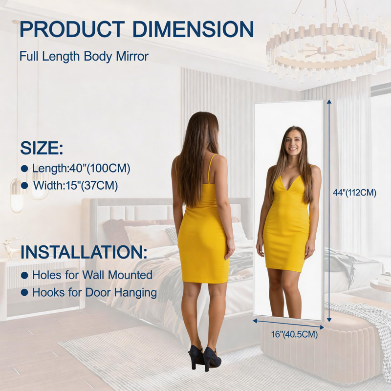Door Mirror Full Length, 47"x 15.8" Full Body Over The Door Hanging Wall Mounted Mirror for Bedroom, Living Room, Cloakroom, Square White