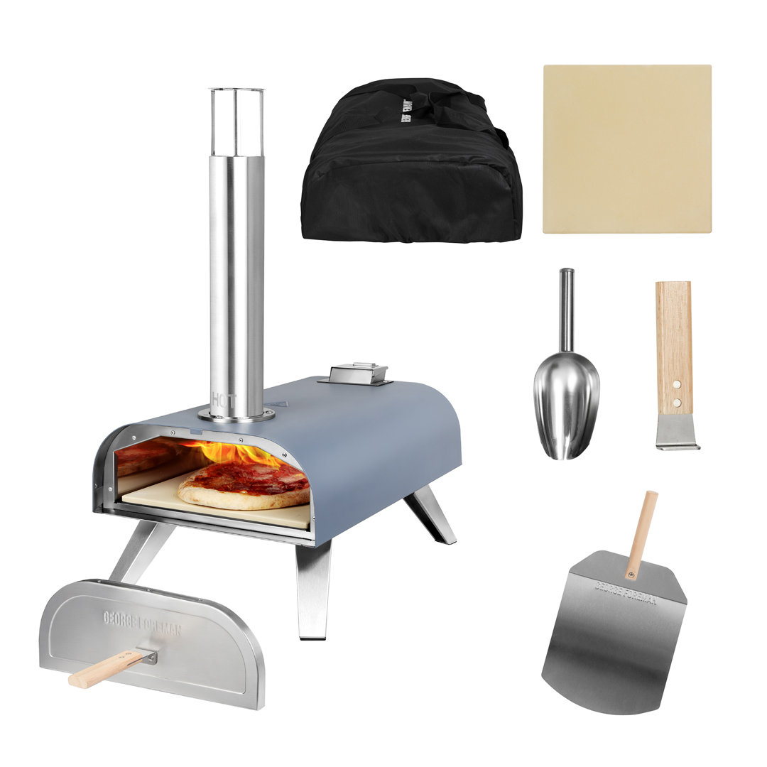 George Foreman GFWPPO1BLPC 12'' Wood Pellet Pizza Oven with Paddle & Carry Bag in Teal