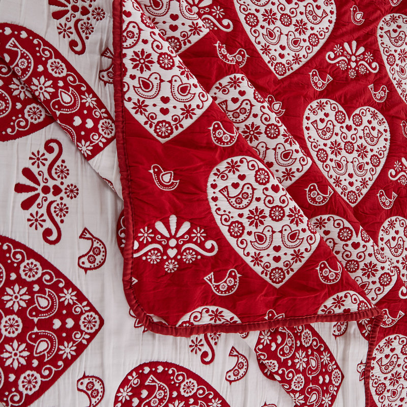 Greenland Home Fashions Lovebirds 3-Piece King Size Red Coverlet Set, 105x95 Inch, King Coverlet/Bedspread + 2 King Shams