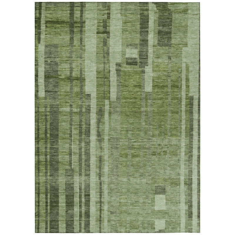 Green and White Striped Synthetic 10' x 14' Washable Rug