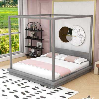 Wooden Canopy Bed with Built-in Headboard