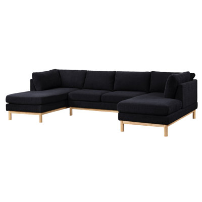 Canapé modulaire confortable en U noir avec méridienne double et bordure en bois