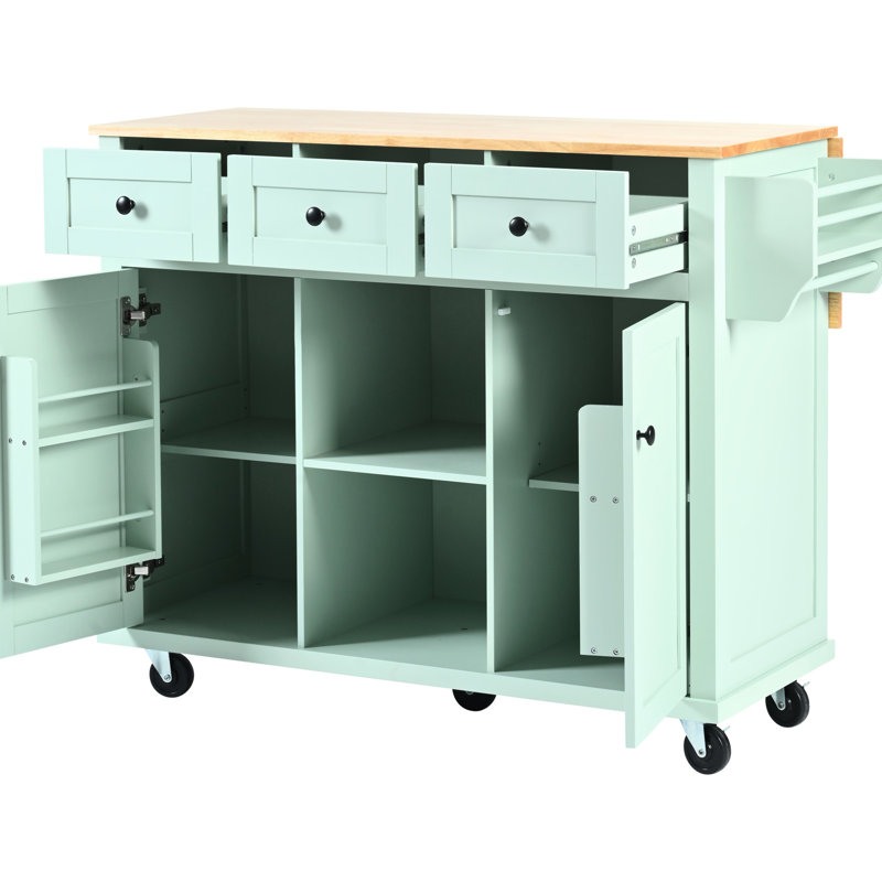 Drop Kitchen Cart With Cabinet Storage , Mint Featuring Countertop And Internal 5 Wheels Brakes, 3 Drawers Adjustable Shelves