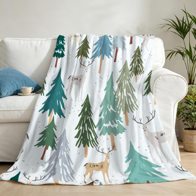 Jeté en flanelle verte ultra douce, motif de Noël blanc, impression recto