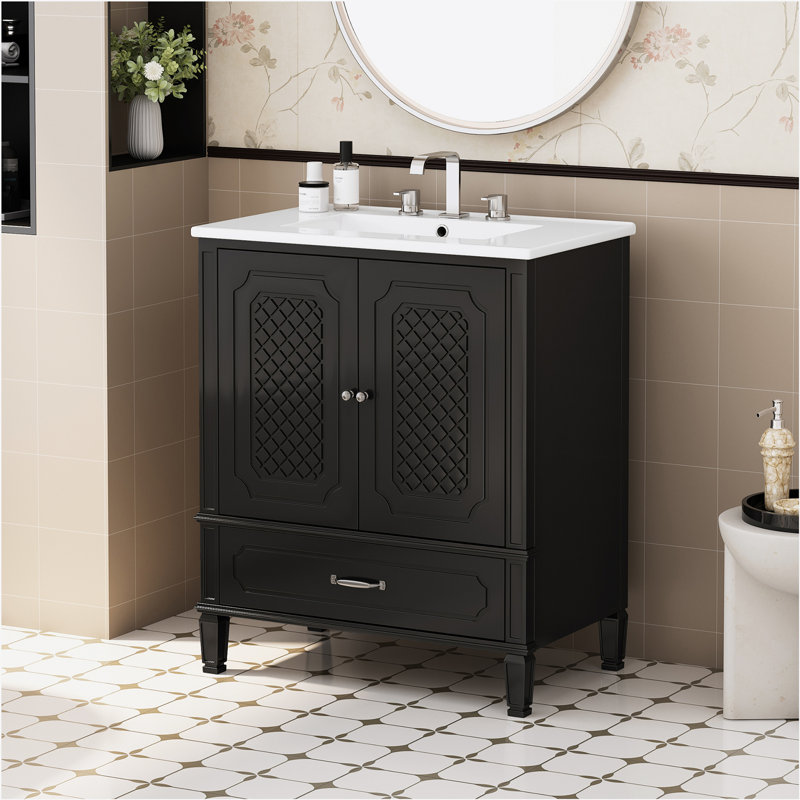 30" Bathroom Vanity with Sink Vintage Style, Multi-functional Storage Space, Door Shelf, Soft-closing Door, Black, Noir
