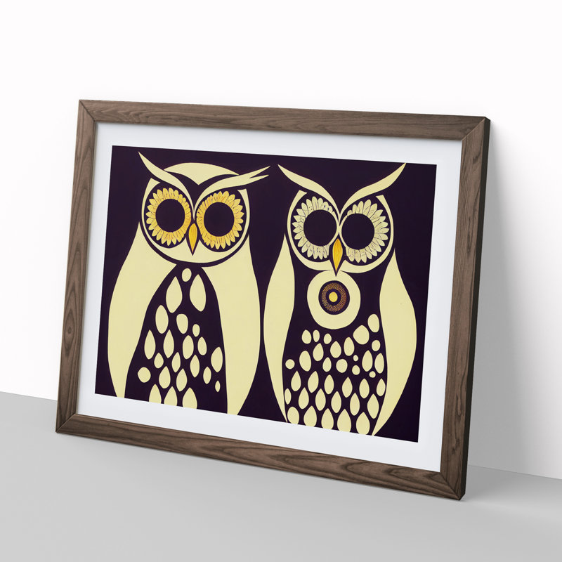 Retro Owls - Single Picture Frame Painting, 46cm H x 64cm W x 2cm D, Walnut Framed
