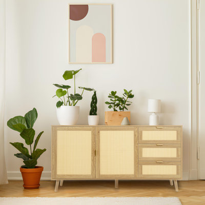 Rattan Sideboard Buffet Cabinet with 2 Doors, 3 Drawers, and Storage for Living, Dining, or Kitchen
