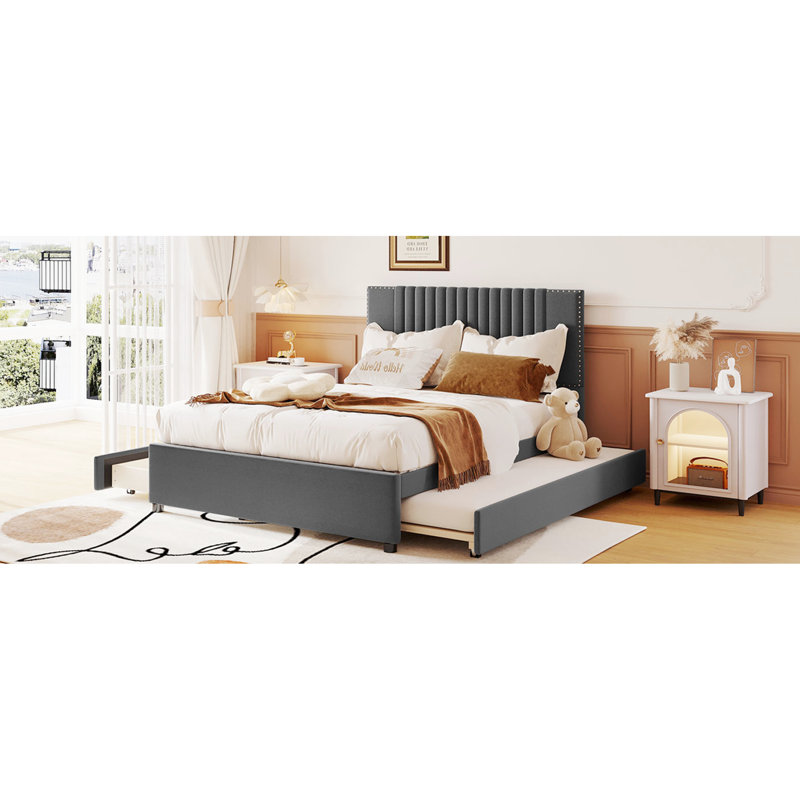Lit plateforme double tapissier gris avec 2 tiroirs et lit gigogne, tête de lit classique et contreplaqué, fonction d'organisation de la chambre à coucher, configuration des tiroirs facile à assembler