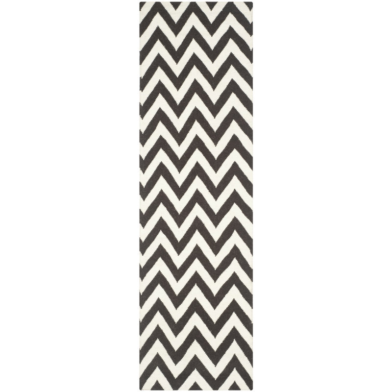 Rodgers Hand Woven Flat Weave Wool/Cotton Chevron Rug in Brown/Ivory, Runner 2'6" x 8'