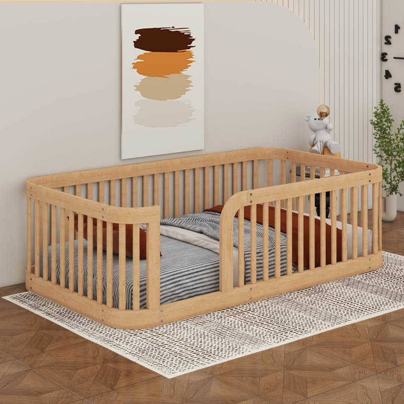 Structure de lit simple en bois avec clôture en bois, Naturel