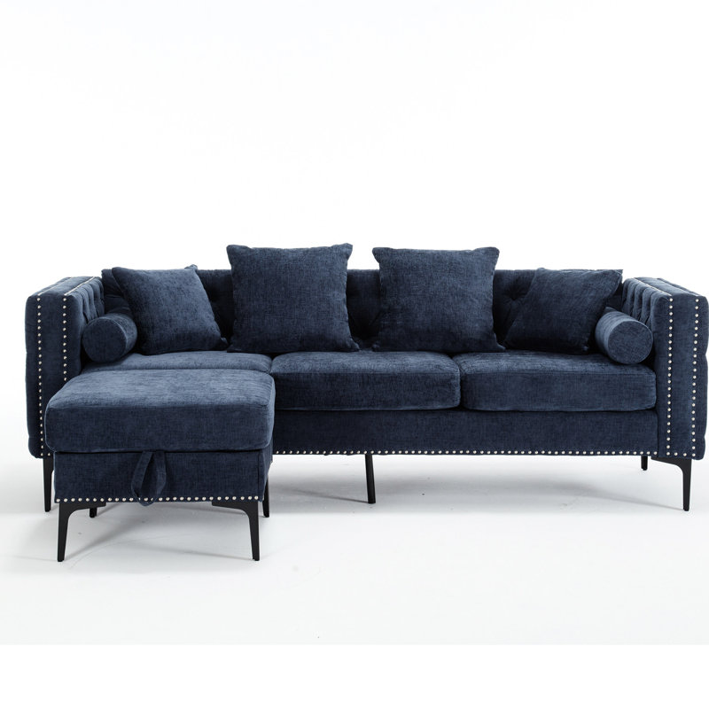 Canapé modulaire en chenille avec rangement, accoudoir carré, 3 places, design moderne, chenille bleue, dossier, rangement