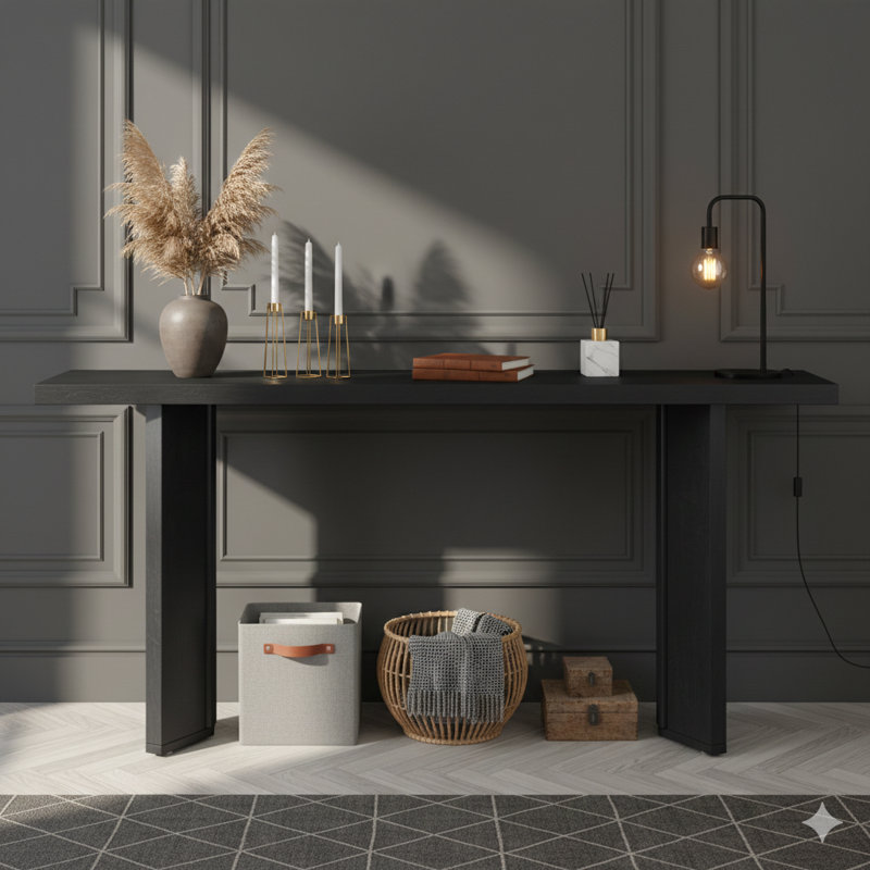 Élégante console avec plateau en placage de pin et pieds géométriques, idéale pour les salons, les bureaux et les salles à manger.