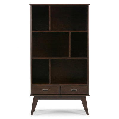 Bibliothèque en bois dur de couleur auburn moyen, 35 po L x 14 po P x 64 po H, 6 compartiments, 2 tiroirs