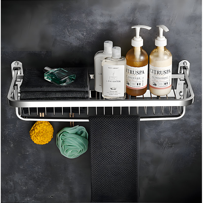Organisateur de tablette de douche pliable en acier inoxydable avec panier de rangement pour salle de bain mural No Drill