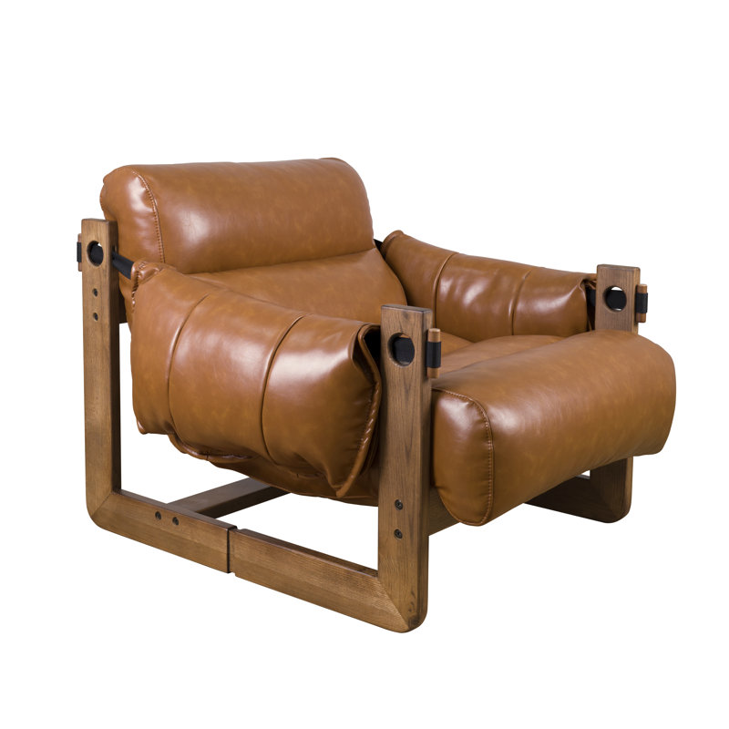 Solid Wood Leisure Lounge Chair, Brown Faux Leather