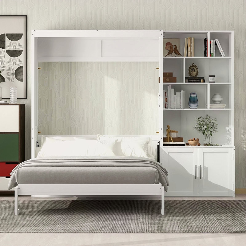 Lit escamotable double avec plusieurs tablettes de rangement et une armoire