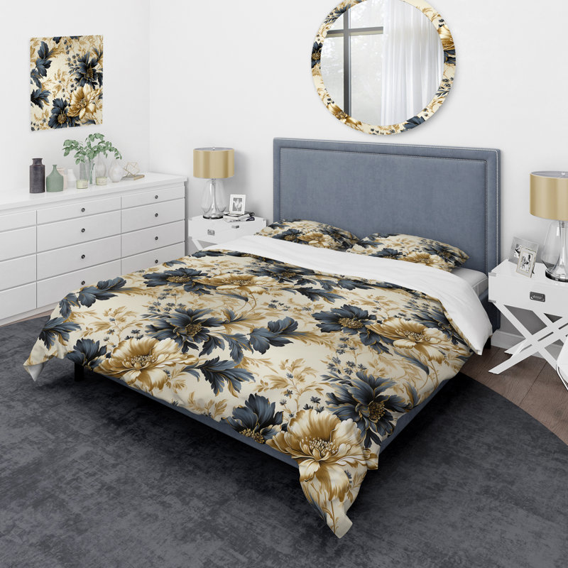 Ensemble de housse de couette à motif floral damassé doré et blanc doré et blanc