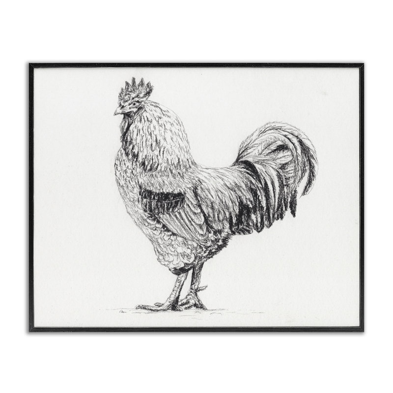 Coq en gris anthracite, estampe numérique, design par Leah Noel Art, H 16 po x l 20 po, Giclée encadrée noir minuit
